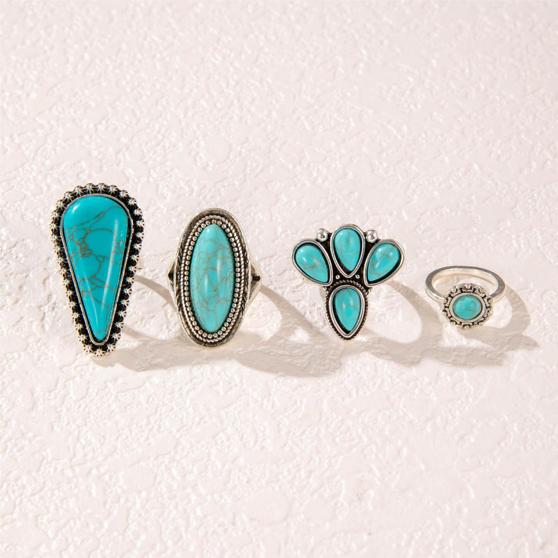 Wholesale Ethnic Style Retro Petal Set Turquoise Ring Geometric Joint Ring Four-piece Set